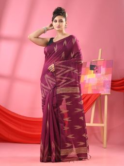 Angoshobha - Wine Cotton Blend Handloom Saree with Unstitched Blouse
