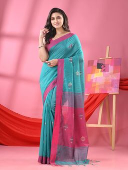 Angoshobha - Firozi Cotton Blend All Body Buti Handloom Saree with Unstitched Blouse