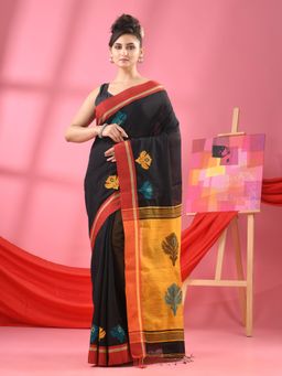 Angoshobha - Black Cotton Blend Jacquard Work Handloom Saree with Unstitched Blouse