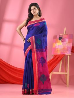 Angoshobha - Deep Blue Cotton Blend Jacquard Work Handloom Saree with Unstitched Blouse