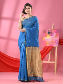 Angoshobha - Blue Cotton Blend Handloom Saree with Unstitched Blouse