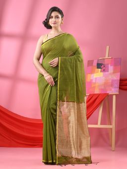 Angoshobha - Olive Green Cotton Blend Handloom Saree with Unstitched Blouse