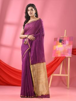 Angoshobha - Wine Cotton Blend Handloom Saree with Unstitched Blouse