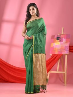 Angoshobha - Green Cotton Blend Handloom Saree with Unstitched Blouse