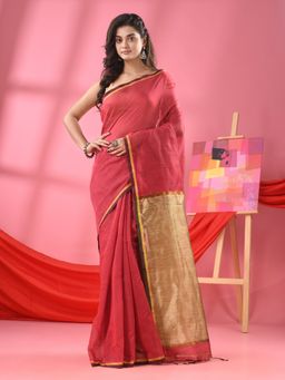 Angoshobha - Dark Peach Cotton Blend Handloom Saree with Unstitched Blouse