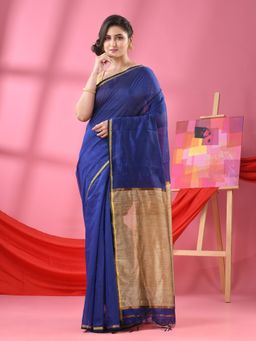 Angoshobha - Blue Cotton Blend Handloom Saree with Unstitched Blouse