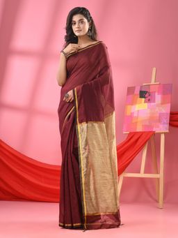 Angoshobha - Maroon Cotton Blend Handloom Saree with Unstitched Blouse