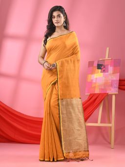 Angoshobha - Mustard Cotton Blend Handloom Saree with Unstitched Blouse