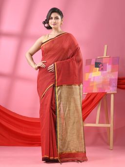 Angoshobha - Red Cotton Blend Handloom Saree with Unstitched Blouse