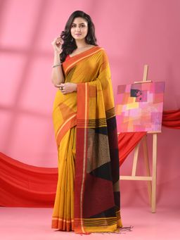 Angoshobha - Mustard Cotton Blend Temple Motifs Handloom Saree with Unstitched Blouse