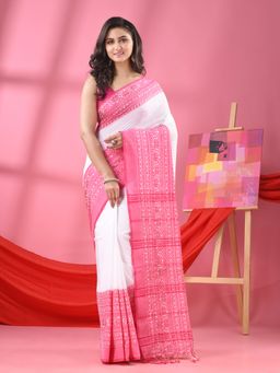 Angoshobha - White Cotton Begumpuri Handloom Saree with Unstitched Blouse