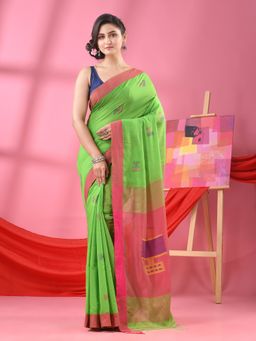 Angoshobha - Green Cotton Blend All Body Laptop Motifs Handloom Saree with Unstitched Blouse