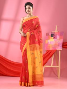 Angoshobha - Red Cotton Blend All Body Buti Handloom Saree with Unstitched Blouse
