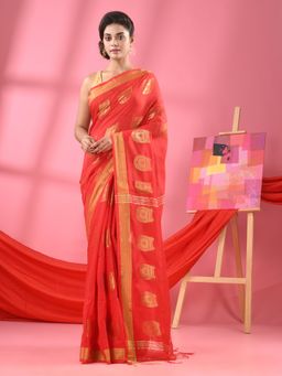 Angoshobha - Red Cotton Blend Handloom Saree with Unstitched Blouse