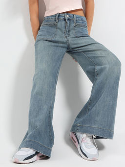 Sera - Blue Front Pocket Wide Leg Jeans