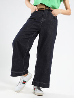 Sera - Navy Blue High Waist Wide Leg Jeans