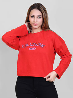 Club York - Women's Red Full Sleeve Typography Print Round Neck Sweatshirt