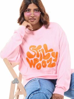 Bewakoof - Women's Pink & Orange Typography Super Loose Fit Plus Size Sweater
