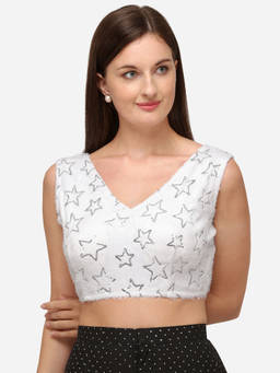 Amrutam Fab - Womens Sequences White Silk Stiched Blouse With V Neck