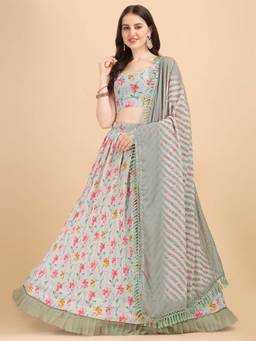 Amrutam Fab - Women Pista Green & Multi Georgette Floral Printed Work Crush Lehenga Choli (Set of 3)