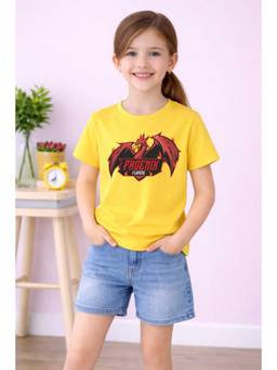 MALKIAT - Girls Yellow Blaze Phoenix Printed Cotton T-shirt