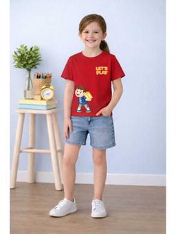 MALKIAT - Girls Red Let’S Play Buddy Printed Cotton T-shirt