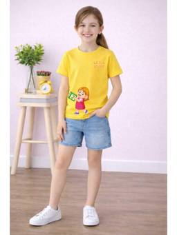 MALKIAT - Girls Yellow Little Fun Star Printed Cotton T-shirt