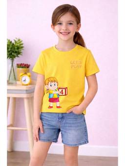 MALKIAT - Girls Yellow Plainest Smart Printed Cotton T-shirt
