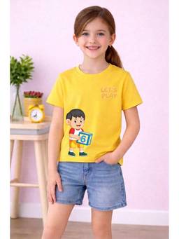 MALKIAT - Girls Yellow Number Fun Time Printed Cotton T-shirt