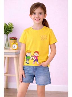 MALKIAT - Girls Yellow Double Fun Time Printed Cotton T-shirt