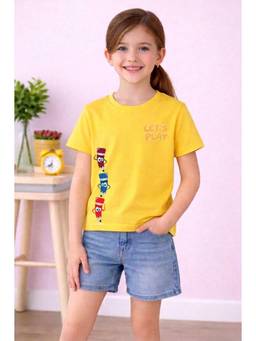MALKIAT - Girls Yellow Pencil Power Printed Cotton T-shirt