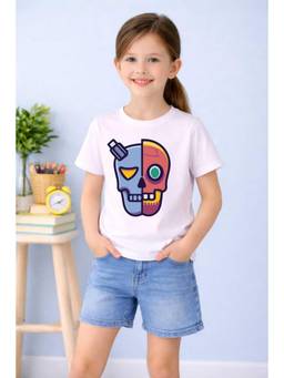 MALKIAT - Girls White Robo Skull Vibes Printed Cotton T-shirt