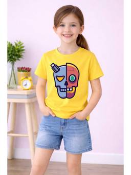 MALKIAT - Girls Yellow Robo Skull Vibes Printed Cotton T-shirt