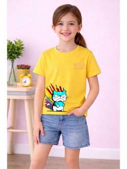 MALKIAT - Girls Yellow Savage Kitty Printed Cotton T-shirt