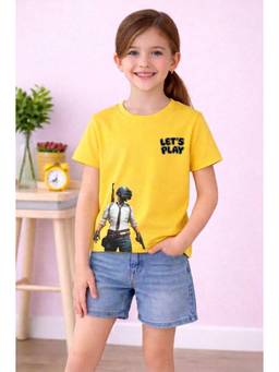 MALKIAT - Girls Yellow Battle Ready Printed Cotton T-shirt