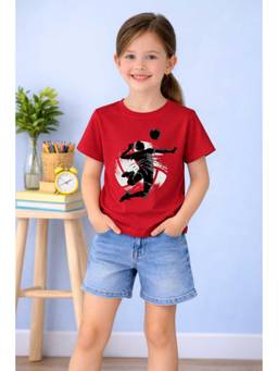 MALKIAT - Girls Red Kick And Fly Printed Cotton T-shirt