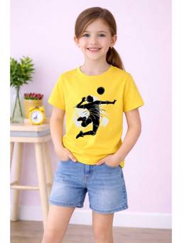 MALKIAT - Girls Yellow Kick And Fly Printed Cotton T-shirt