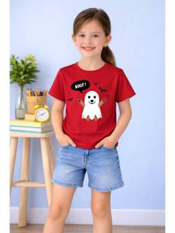 MALKIAT - Girls Red Little Boo Dog Printed Cotton T-shirt