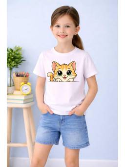 MALKIAT - Girls White Playful Cat Buddy Printed Cotton T-shirt