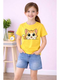 MALKIAT - Girls Yellow Playful Cat Buddy Printed Cotton T-shirt