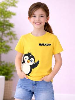MALKIAT - Girls Yellow Little Penguin Joy Printed Cotton T-shirt