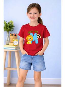 MALKIAT - Girls Red Little Lion Wild One Printed Cotton T-shirt