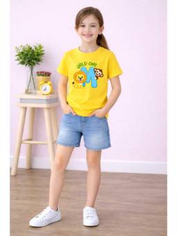 MALKIAT - Girls Yellow Little Lion Wild One Printed Cotton T-shirt