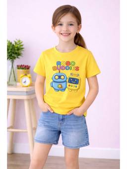 MALKIAT - Girls Yellow Smiley Robot Duo Printed Cotton T-shirt