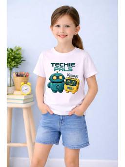 MALKIAT - Girls White Robot Besties Printed Cotton T-shirt