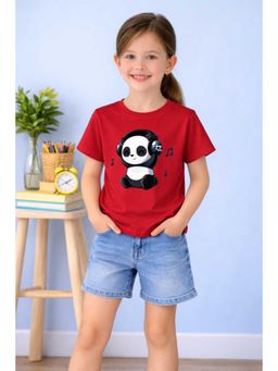 MALKIAT - Girls Red Panda Party Time Printed Cotton T-shirt