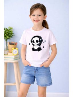MALKIAT - Girls White Panda Party Time Printed Cotton T-shirt