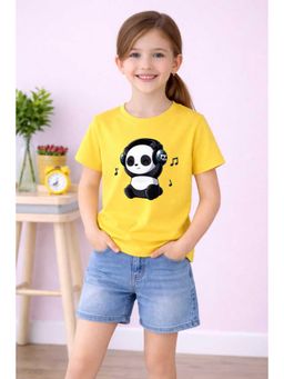 MALKIAT - Girls Yellow Panda Party Time Printed Cotton T-shirt