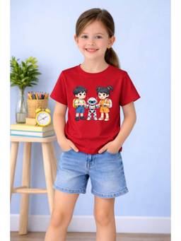 MALKIAT - Girls Red My Robot Friend Printed Cotton T-shirt