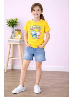 MALKIAT - Girls Yellow Happy Bot Friends Printed Cotton T-shirt